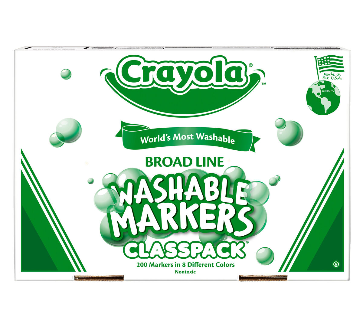 Crayola Classic Broad Line Markers are the classic, long-lasting, durable markers you know from your childhood. They lay down lots of brilliant color, yet don't bleed through most paper.  This bulk Broad Line Marker Classpack includes enough supplies for the entire class!  A total of 200 markers are included. There are 25 markers in each of the following 8 colors: Yellow, Brown, Orange, Red, Violet, Blue, Green and Black.